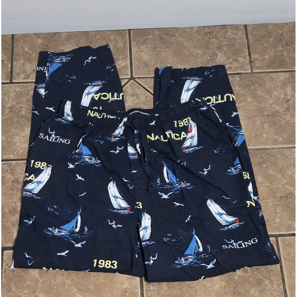 Nautica Mens Pajama Pants Navy Blue Sailboat Print Sleepwear M 1983 Sailing